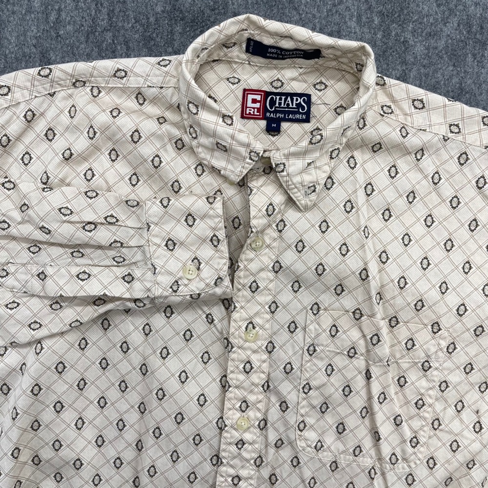Chaps Ralph Lauren Shirt Mens Medium Cream Geometric Diamond Button Down Cotton